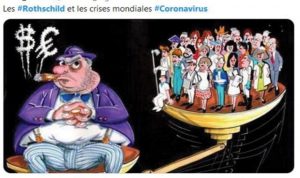 Antisemitic cartoon depicts Jewish banker profiting off of the misery of the masses brought on by the Coronavirus and the profits of the Pfizer/Moderna COVID vaccines
